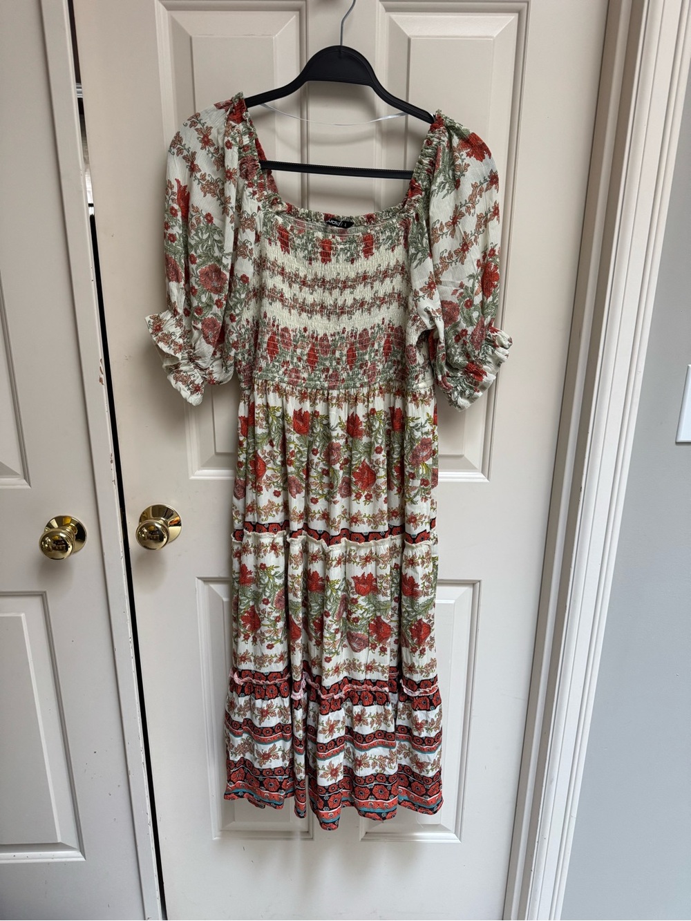 Floral Smocked Midi Dress Puff Sleeves - Picture 2 of 8